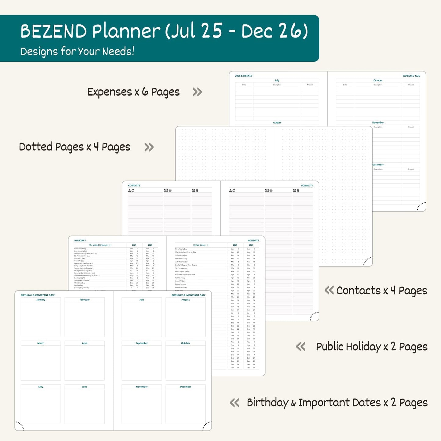BEZEND Weekly Planner 2025-2026 with 2 Columns, 5.8" x 8.5" Academic Calendar 18 Months (Jul 25-Dec 26) Life Work Appointment Book with Monthly Tab, PU Leather Hardcover - Evergreen
