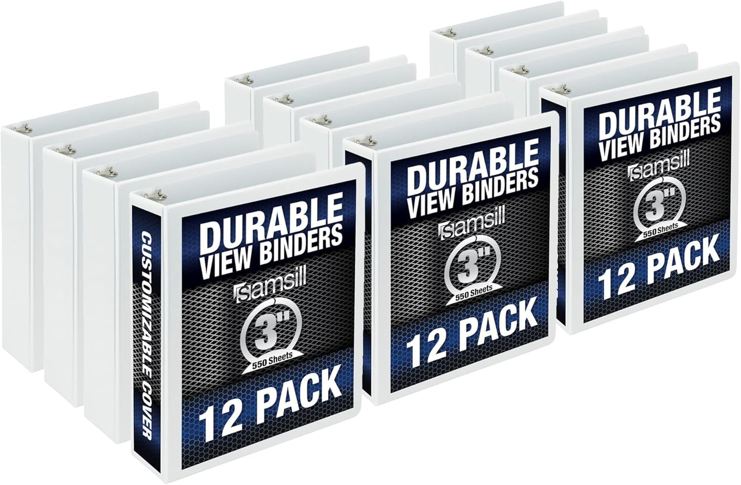 Samsill Durable 3 Inch Binder, Made in The USA, Round Ring Customizable Clear View Binder, Black, 12 Pack