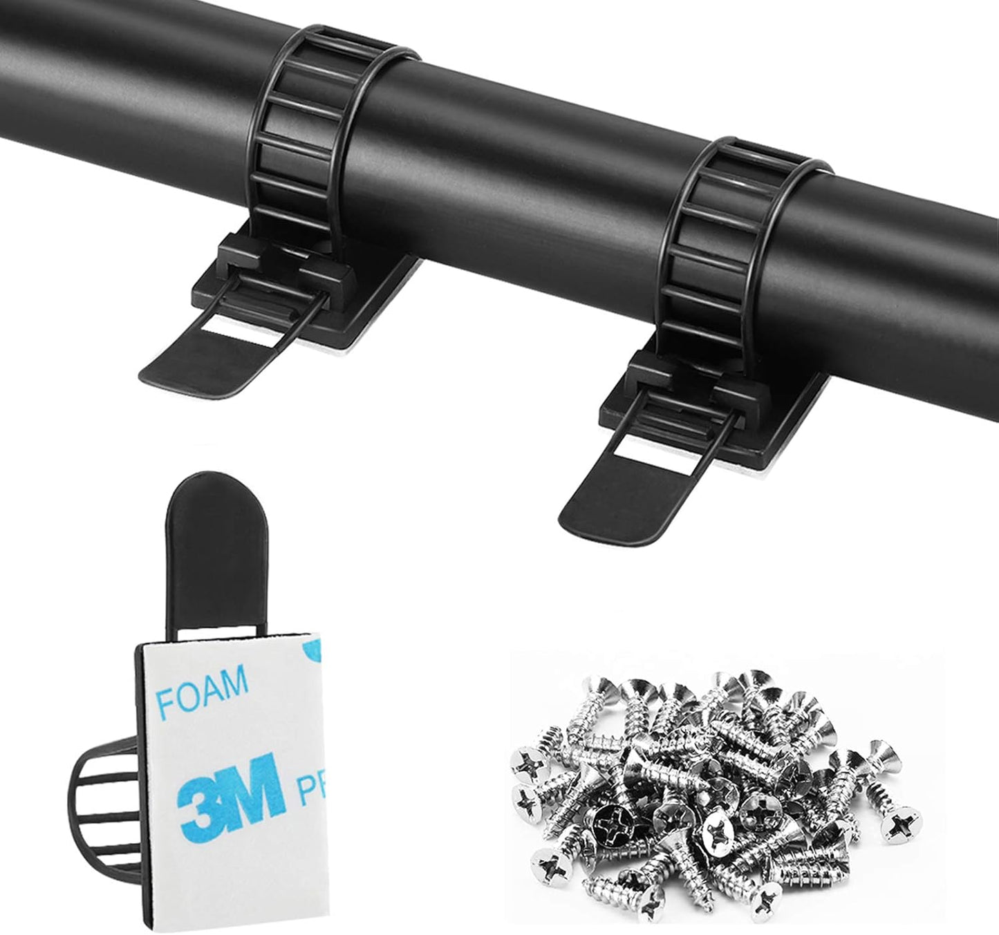 Adhesive Cable Management Clips, 50Pcs Adjustable Nylon Cable Strap Ties Wire Clips Clamps Organizer with Strong Adhesive Tape, Extra Screw & Hole for Strong Fixation Home Office - 3.55 Inch Black
