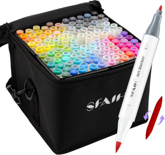 SFAIH Alcohol Markers Brush & Fine - 121 Colors Double Tipped Art Markers for Adult Coloring Illustration, Gifts for Artist Adult - Adjustable Shoulder Strap & Faux Leather Lining & Outer Zip Pocket