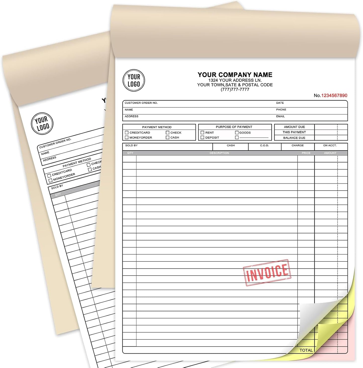Custom Sales Invoice Personalized Carbonless NCR Forms with Company Name/Logo Personalized Invoice, Receipt Book, Work Sales Purchase Orders, Estimates, Quote Forms 8.5" x 11" - 3 Part(150 Sets)