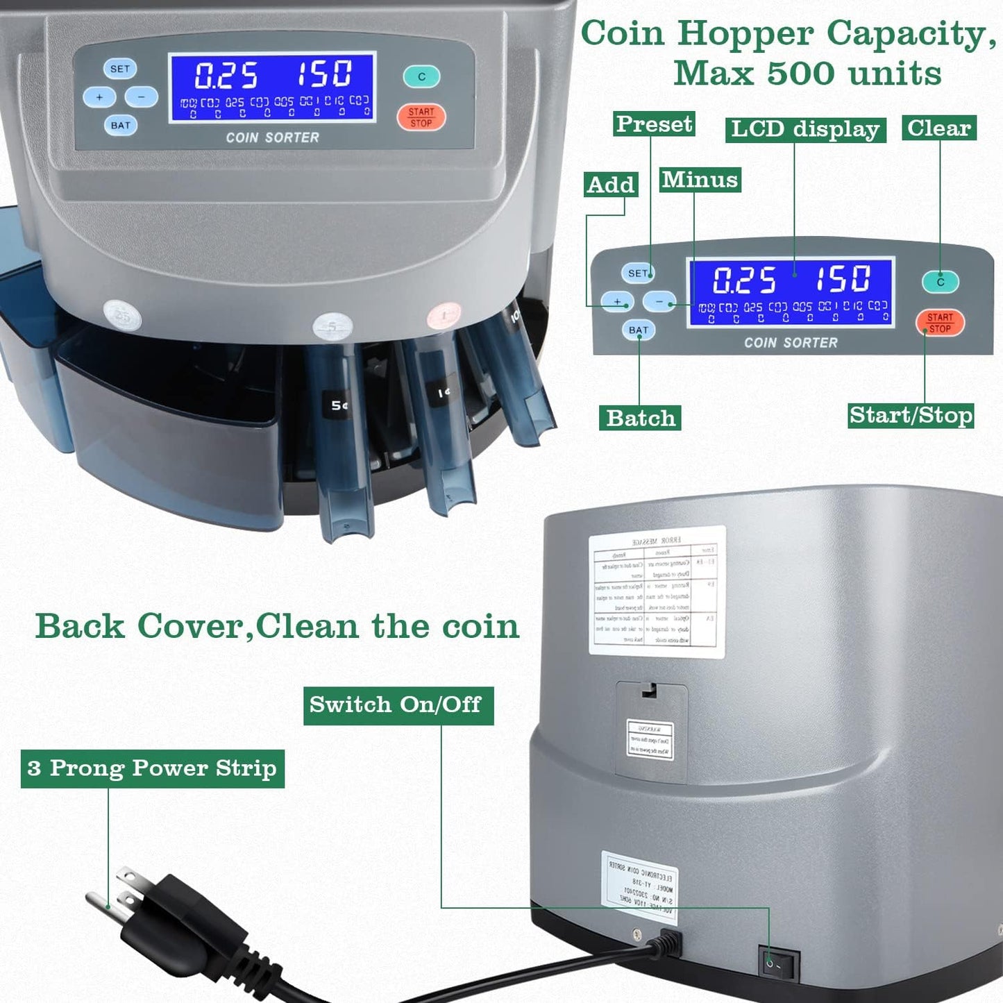 8T8 USD Coin Counter Machine - Professional Automatic Coin Sorter and Wrapper/Roller with LCD Display and 5 Coin Bins and Tubes