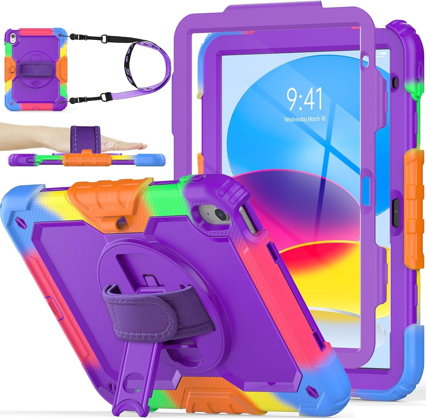 SEYMAC stock Case for iPad (A16) 11th/10th Generation 11''/10.9'' 2025/2022, Full-Body Drop Protection Case with Screen Protector &360° Rotate Hand Strap/Stand, Purple+Colorful