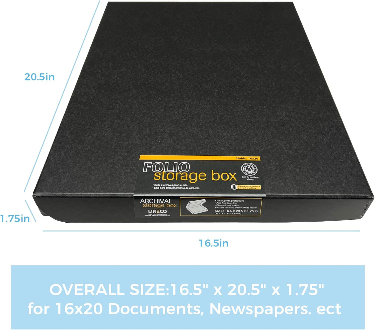 Lineco Clamshell Folio Storage Box, 16.5" x 20.5" x 1.75" Prints, Metal Edge Archival Boxboard, Color: Black