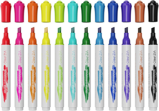 VIZ-PRO Dry Erase Markers, Chisel Tip, Assorted Colors, 12-Count Low-Odor Whiteboard Pens