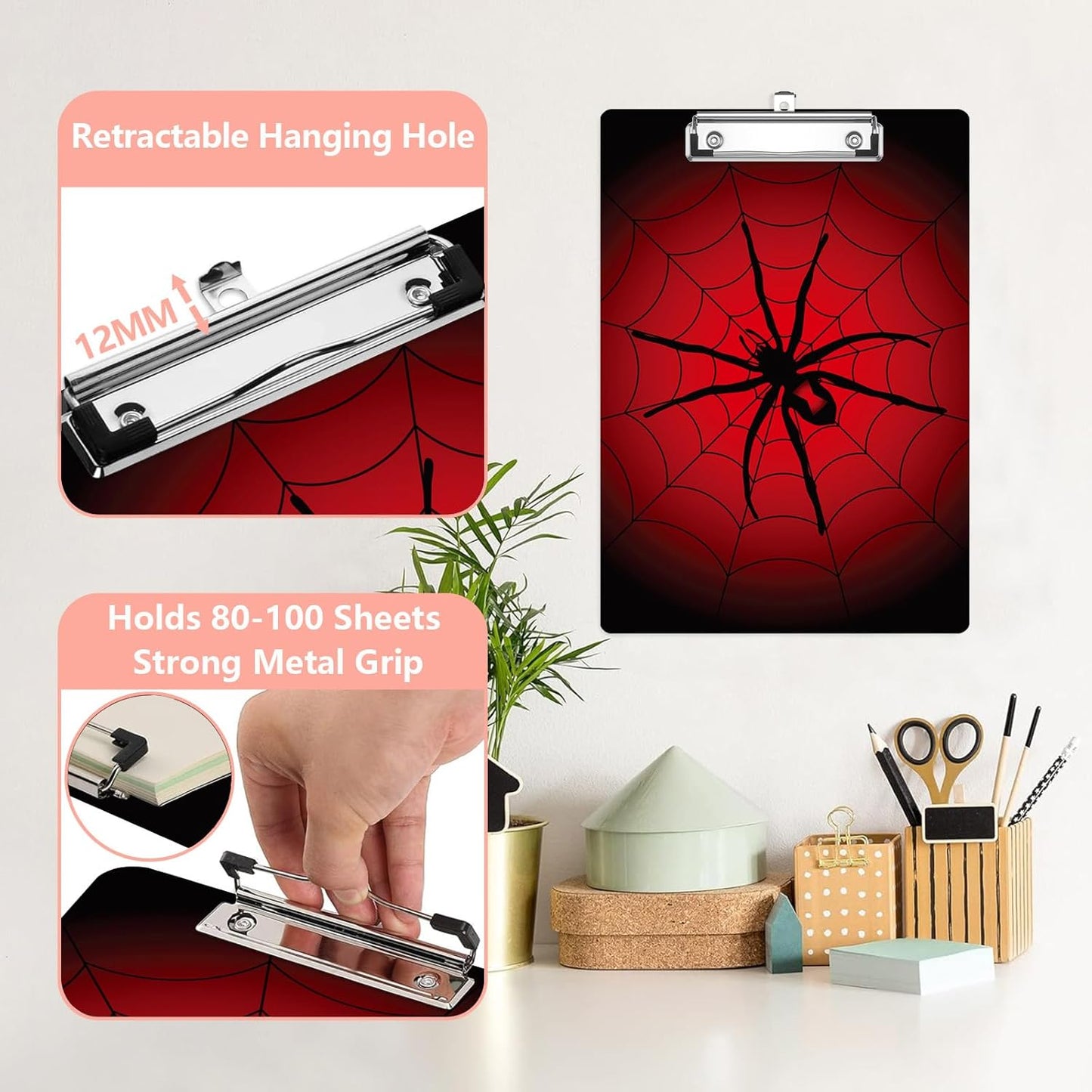 Red Spider Web Plastic Clipboards,Cute Fashion Clipboard Decorative 8.5" x 12.5"Standard A4 Size Clipboards,Acrylic Clipboard for Teacher,Social Worker,Students,Nurse,Office Supplies