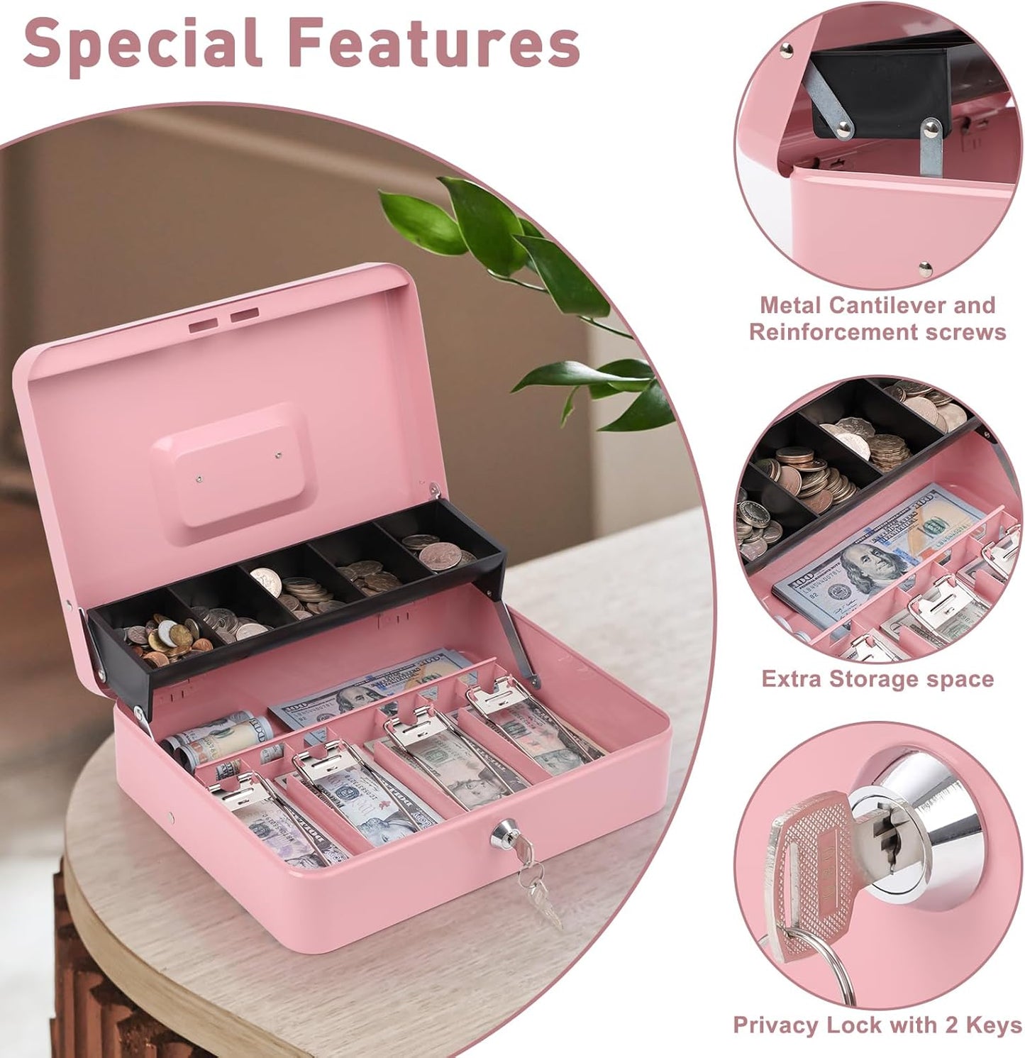 KYODOLED Locking Cash Box with Lock,Money Box with Cash Tray,Lock Safe Box with Key,Money Saving Organizer,11.81Lx 9.45Wx 3.54H Inches,Pink XL Large