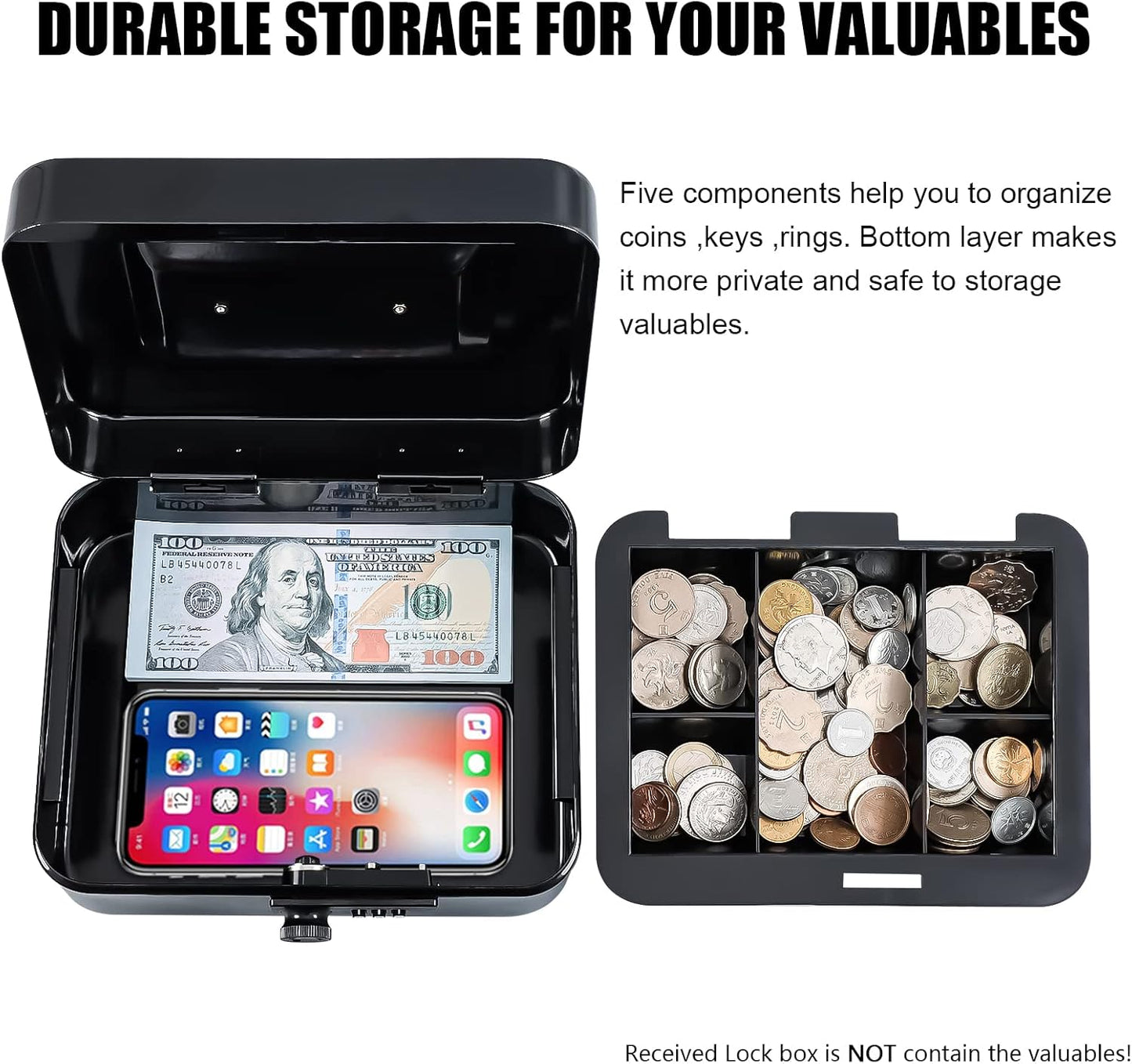 KYODOLED Cash Box with Combination Lock Safe Metal Money Box with Money Tray for Security Lock Box 7.87"x 6.30"x 3.35" Black