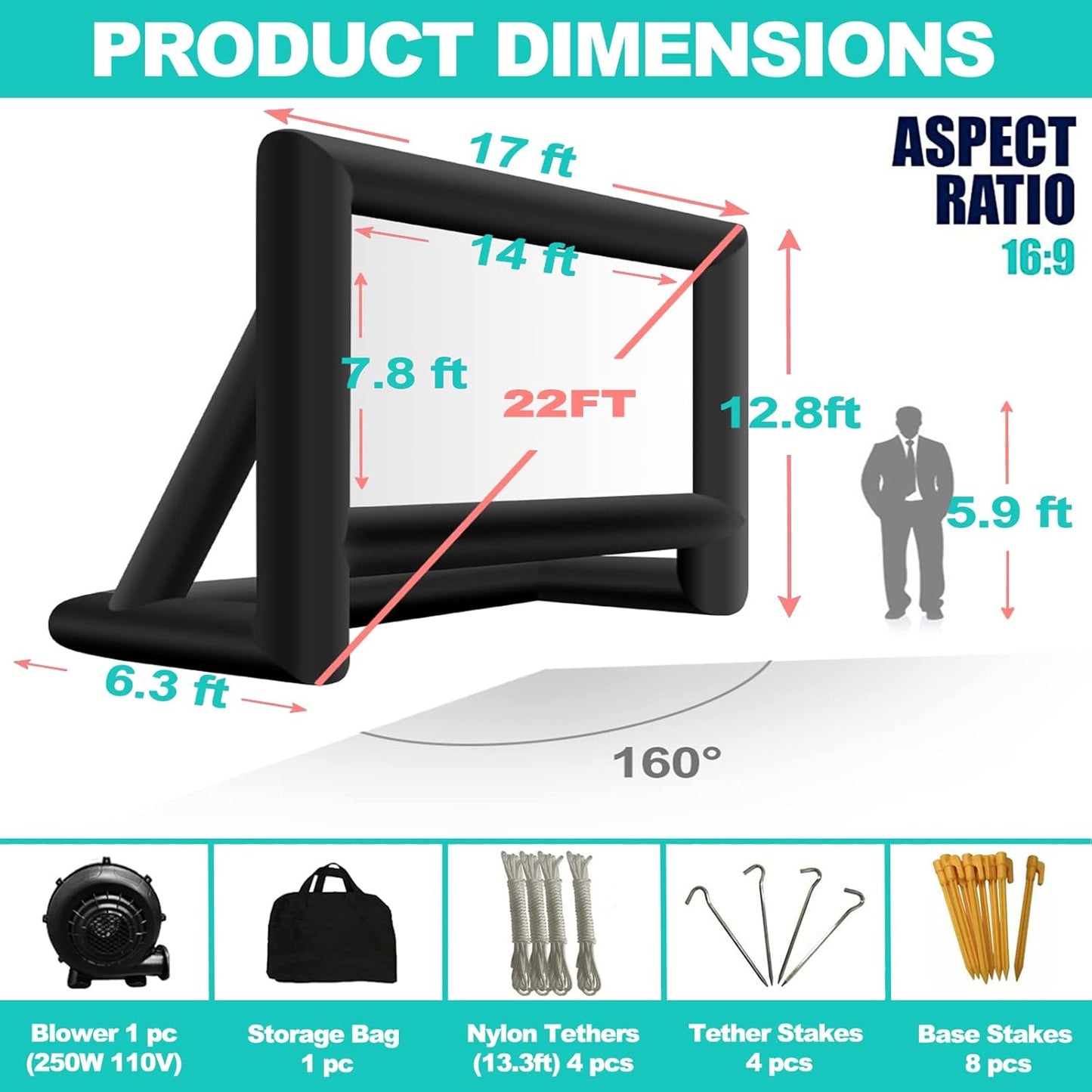 22 feet Projector Screen - Inflatable Outdoor and Indoor Theater Movie Screens - Includes Rope, Blower,Tent Stakes - Great for Outdoor Party Backyard Pool Fun