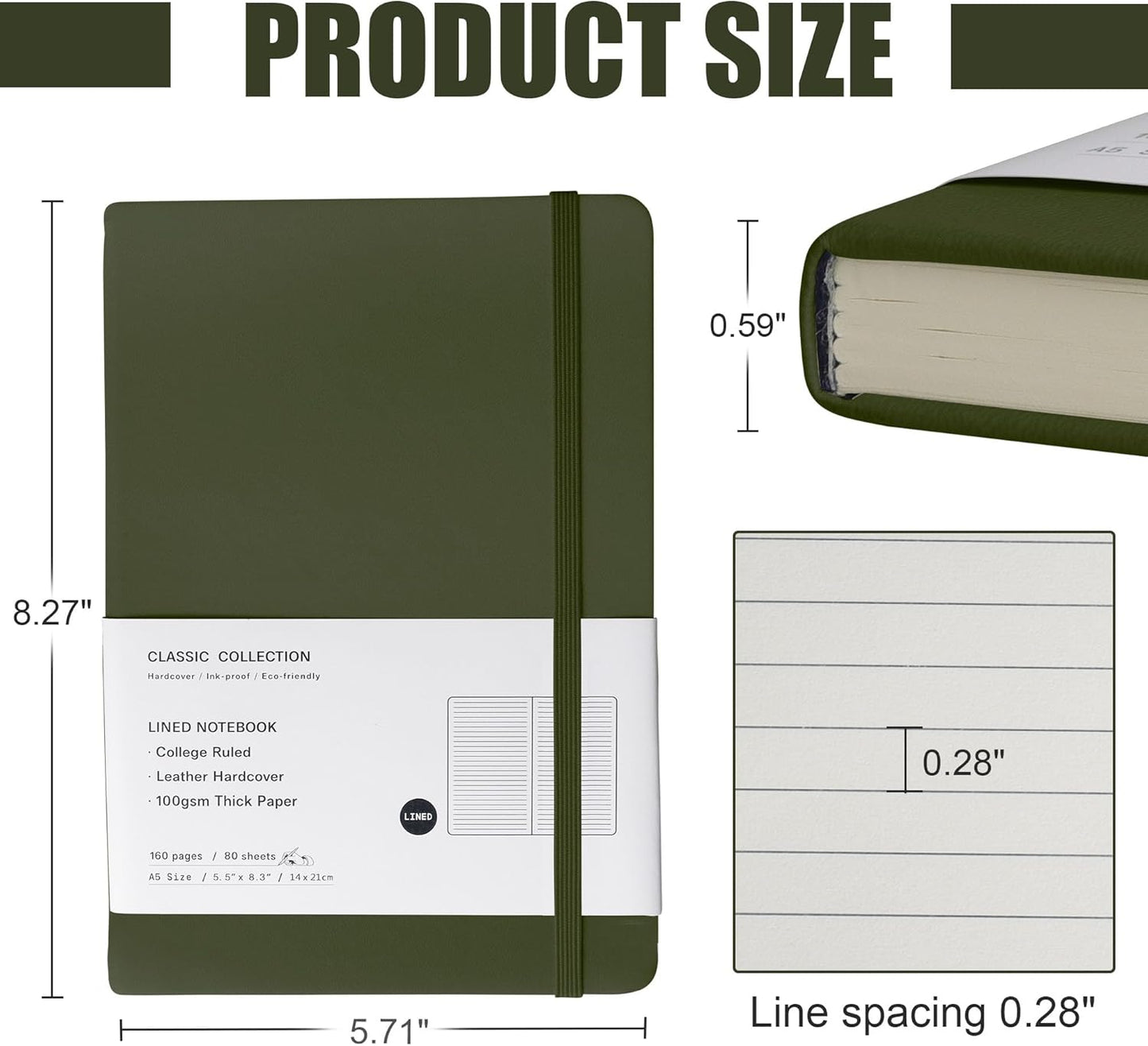 Lined Journal Notebook, 6Pack(Olive Green), 160 Pages, Medium 5.7 inches x 8 inches - 100 gsm Thick Paper, Hardcover
