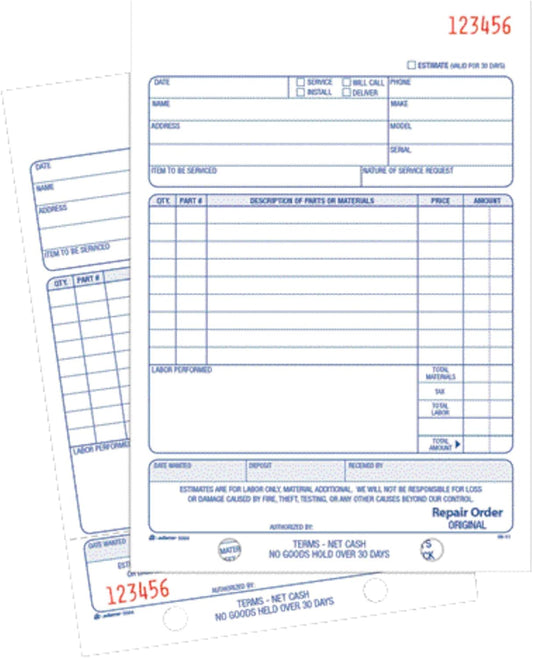Adams Repair Order Book, Carbonless, 2-Part, White/White, 5-9/16 x 8-7/16 Inches, 50 Sets (D5084) (Pack of 10)