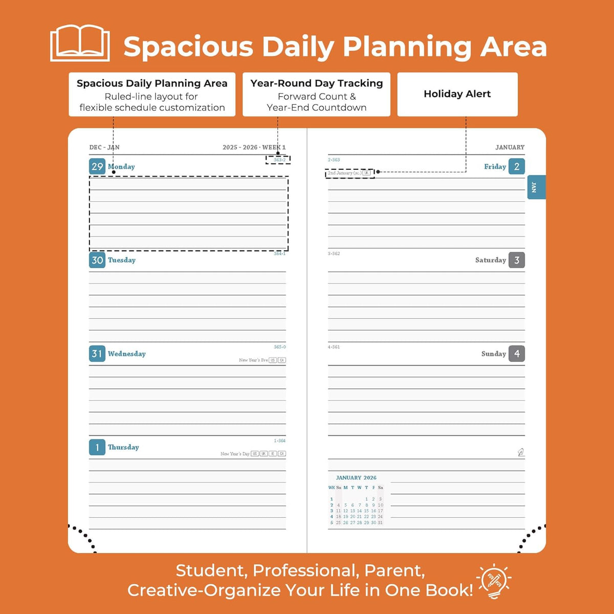 Planner 2026 Daily Weekly and Monthly,6.5"x3.75",12 Months Spiral Bound Calendar Agenda with Self-adhesive Pen Holder,2026 Appointment Book with Vegan Leather Soft Cover,Orange