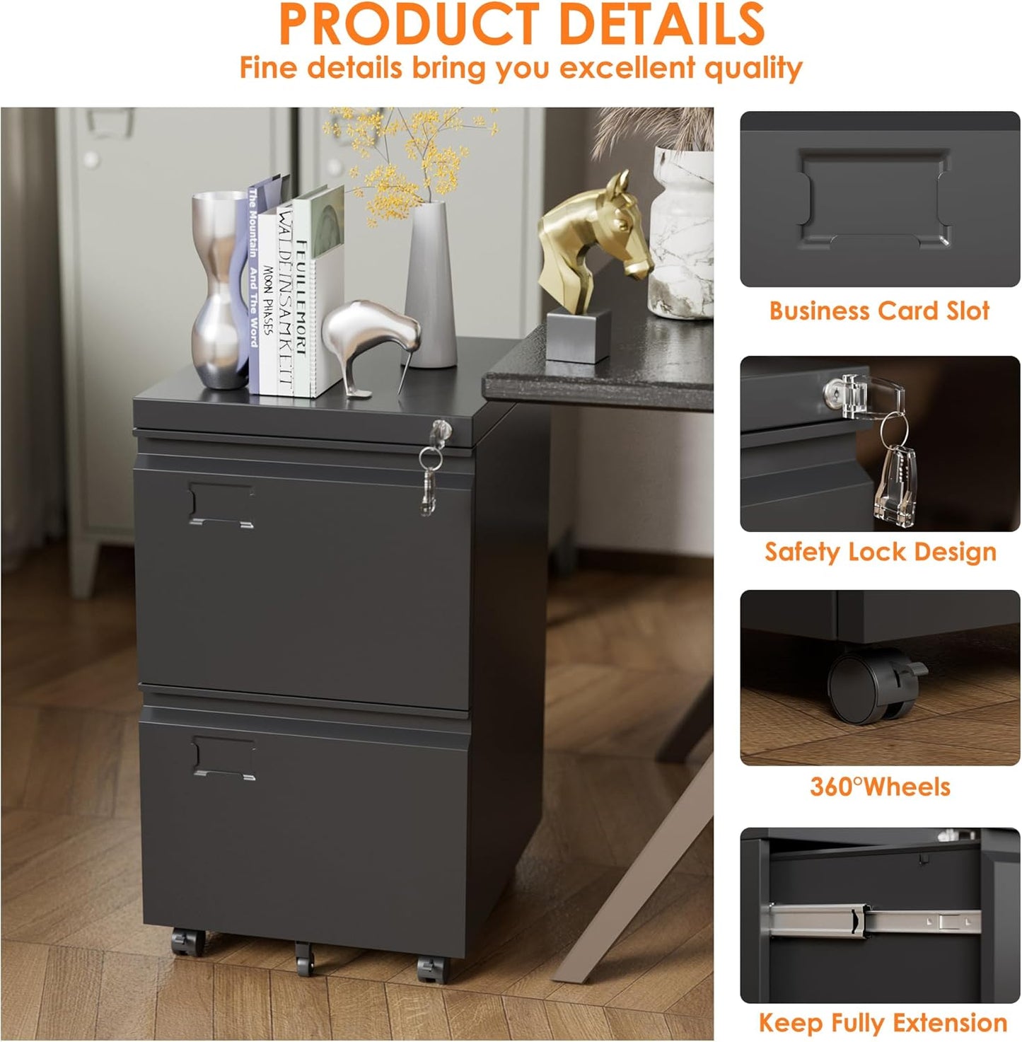 2 Drawer Mobile File Cabinet, Under Desk Drawer with Lock Name Card Holder for Home Office, Metal Filing Cabinet for Legal/Letter Size, Assembly Required