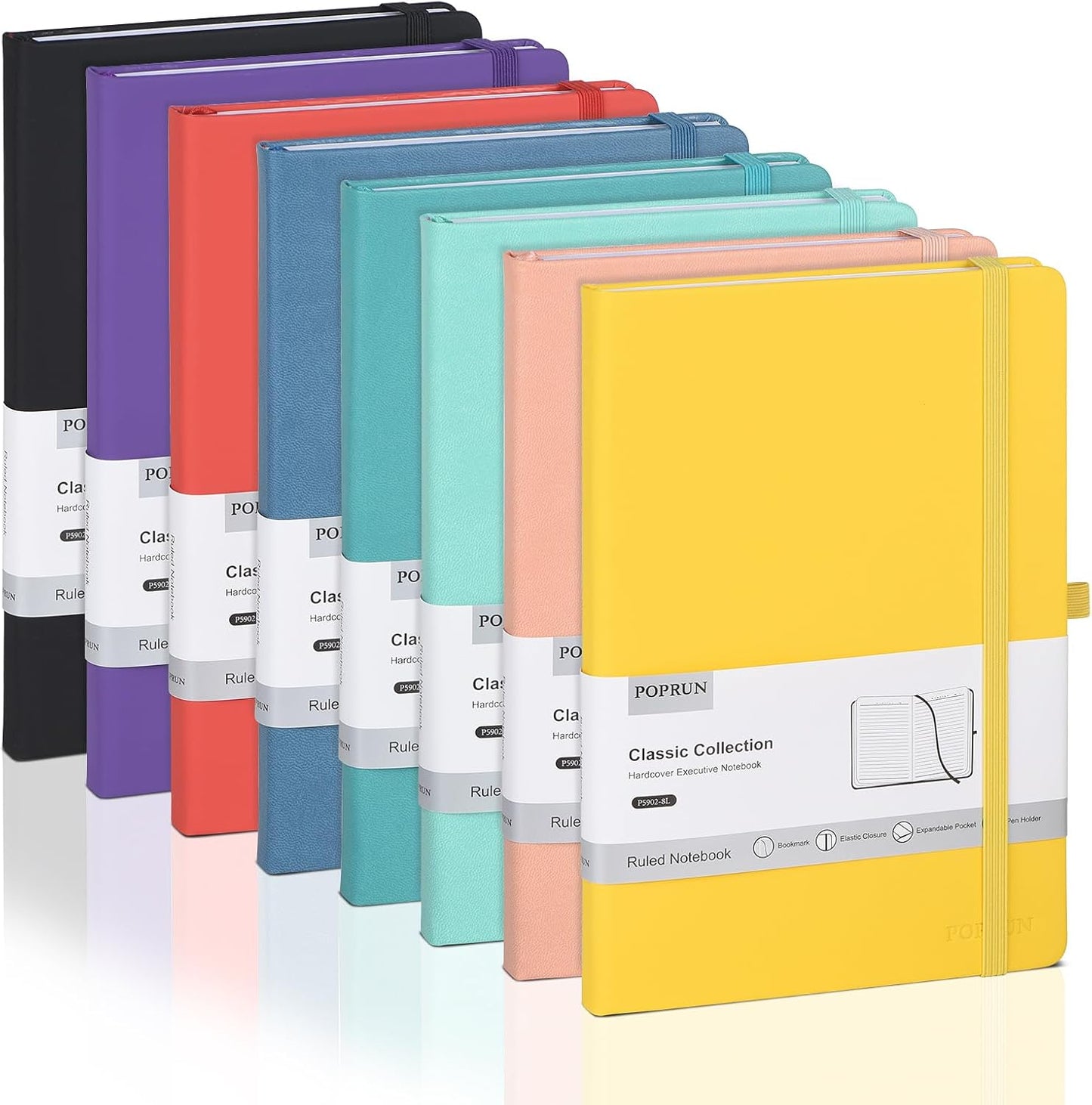 POPRUN A5 Lined Journal Notebooks, 8 Pack Leather Hardcover Thick Notebook for Writing, Business Work, Travel, School, College, 5.5 x 8.3 inch, 240 Pages Classic Ruled Journals Notepad, Multicolored