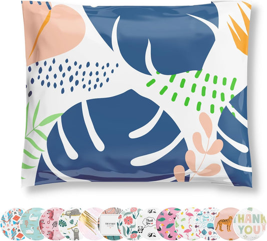 Poly Mailers 12.5x15 50 Pack | Self-Sealing Shipping Bags Envelopes for Small Business | Waterproof Durable Packaging | Floral Palm | Green Blue | à la mode Mailers