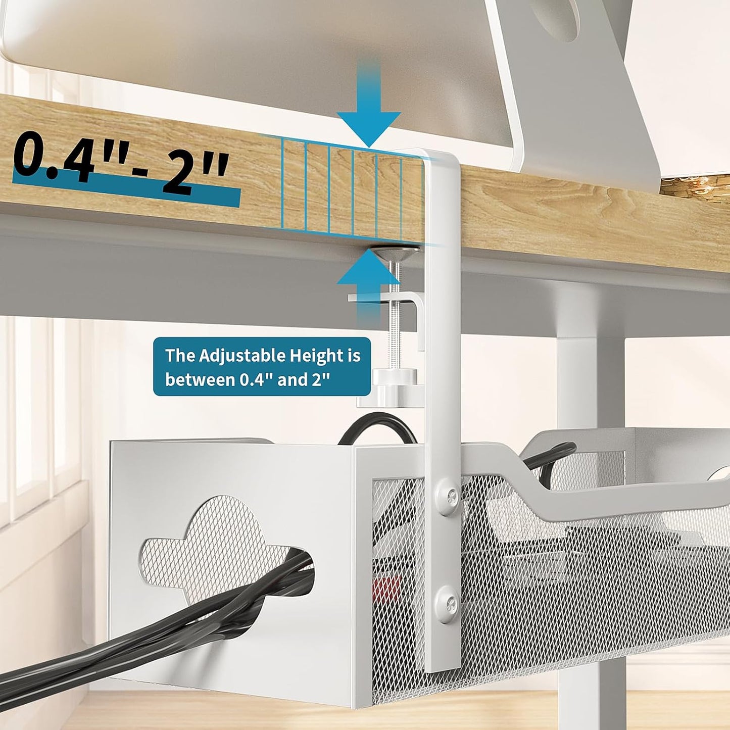Under Desk Cable Management Tray 2 Pack, No Drill Cable Organizer With Clamp for Standing Desk, Easy to Install Cord Management System, No Damage Wire Organizer