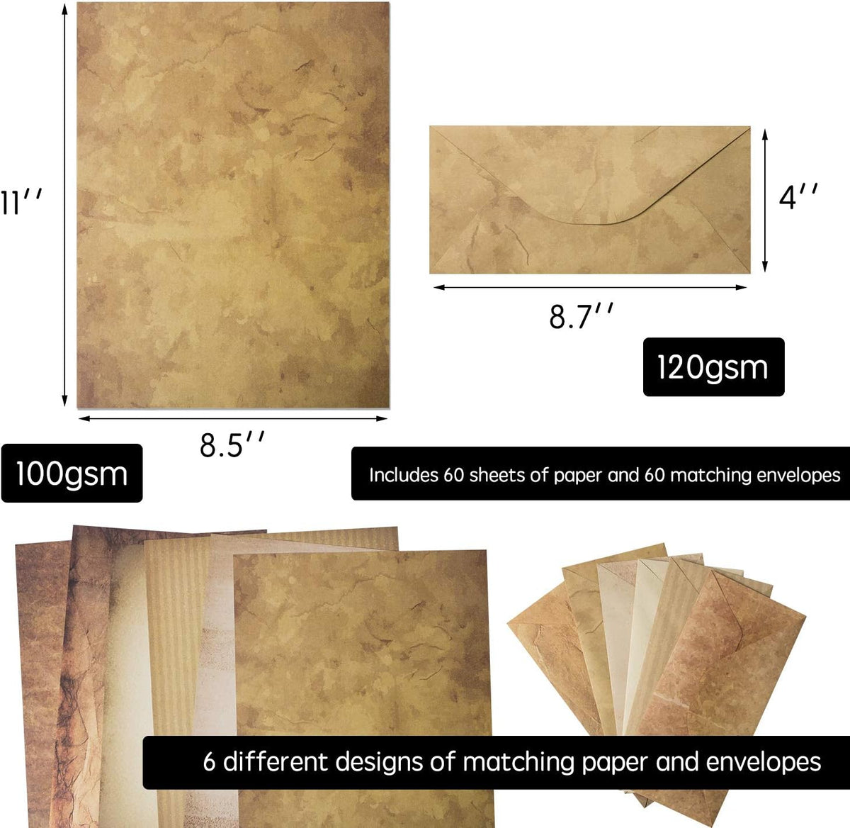 120 Pack Vintage Paper and Envelopes - 60 Sheets of Antique Looking Papers & 60 Antique Style Envelopes - Six Classic Aged Paper Designs - Vintage Printing paper, Vintage Writing Paper, 8.5 x 11 inch