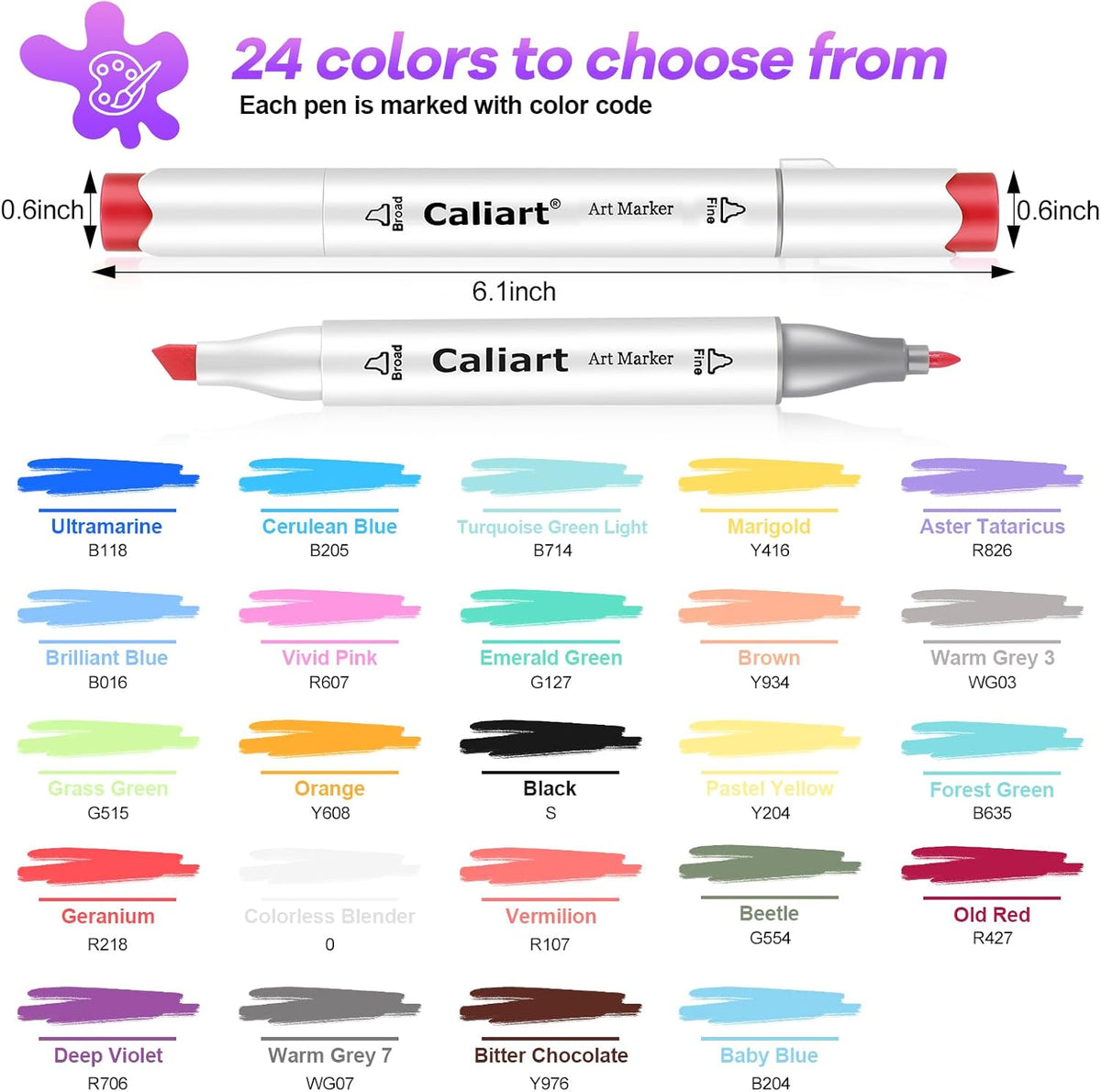 Caliart Alcohol Based Markers, 24 Colors Dual Tip Art Marker Set Fine & Chisel, Permanent Colored Pens for Adults Coloring Book Artists Illustration Sketch Lettering Drawing Cards Planner