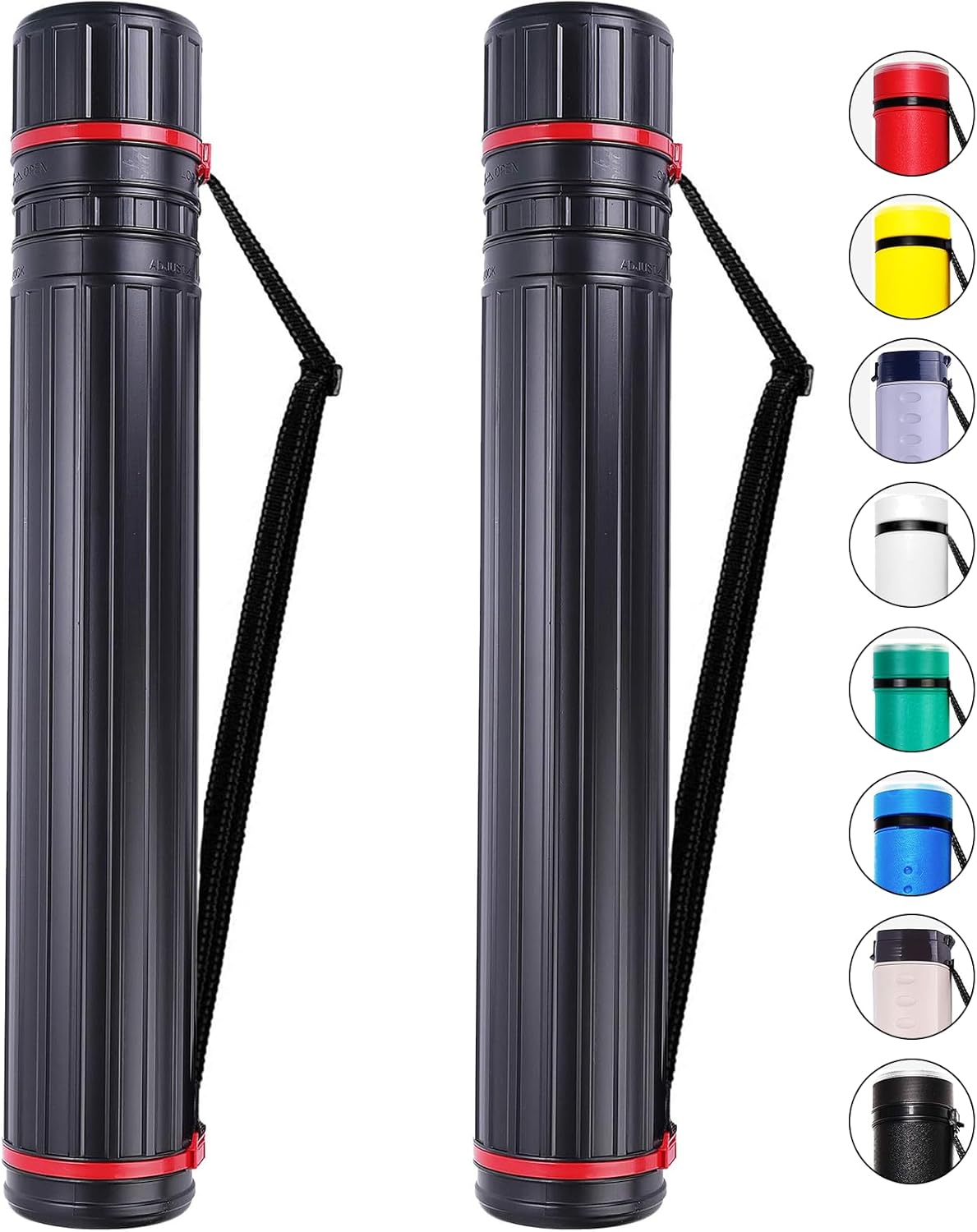 CALPALMY 2-Pack XX-Large Extendable Poster Tubes Expand from 30.5” to 50” with Shoulder Strap | Carry Documents, Blueprints, Drawings and Art | Black Portable Durable Round Storage Cases