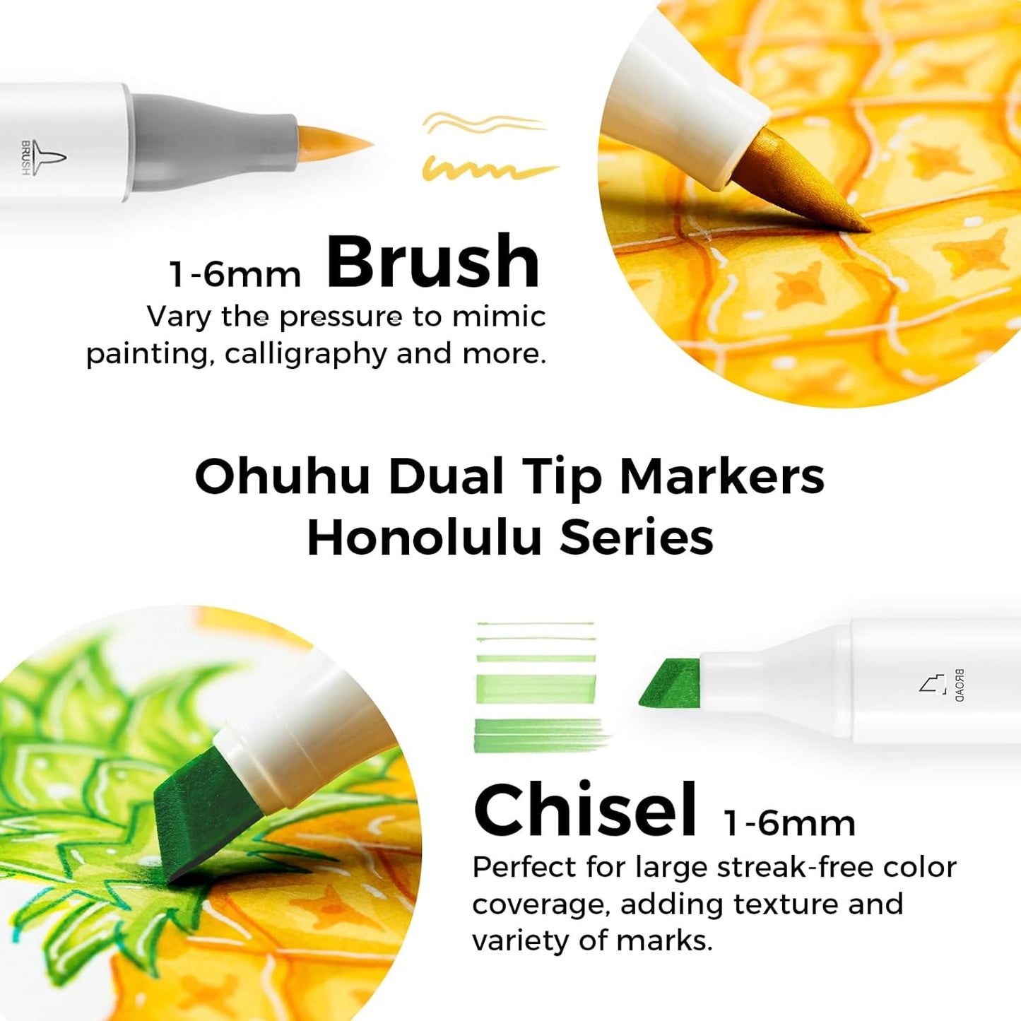Ohuhu Alcohol Markers Brush Tip - 320-color Double Tipped Art Sketch Marker Set for Artists Adults Coloring Illustration -Brush & Chisel Dual Tips - Honolulu Series of Ohuhu Markers - Refillable Ink