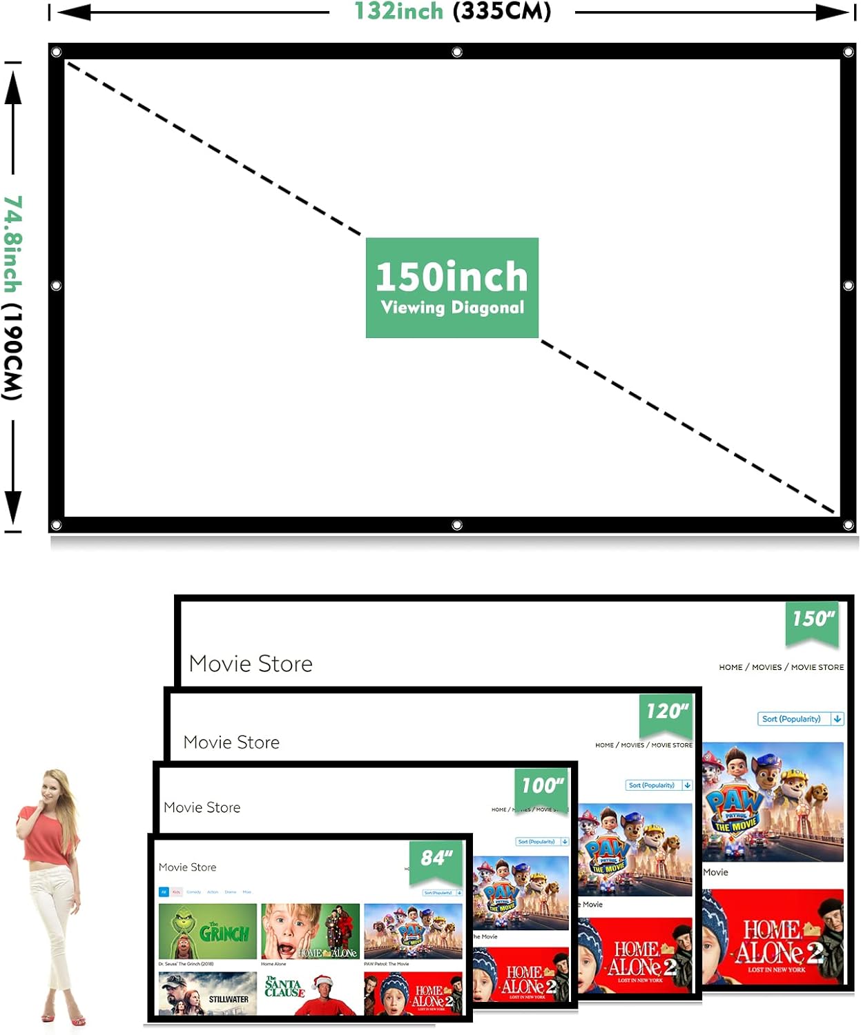 Projector Screen 150 inch, Taotique 4K Movie Projector Screen 16:9 HD Foldable and Portable Anti-Crease Indoor Outdoor Projection Double Sided Video Projector Screen for Home, Party, Office, Classroom