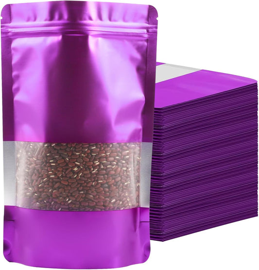 100 Pack Smell Proof Bags, Resealable Purple Mylar Bags with Matte Window, Foil Pouch Stand Up Sealable Bags for Packaging, 5.51 × 7.87 Inch