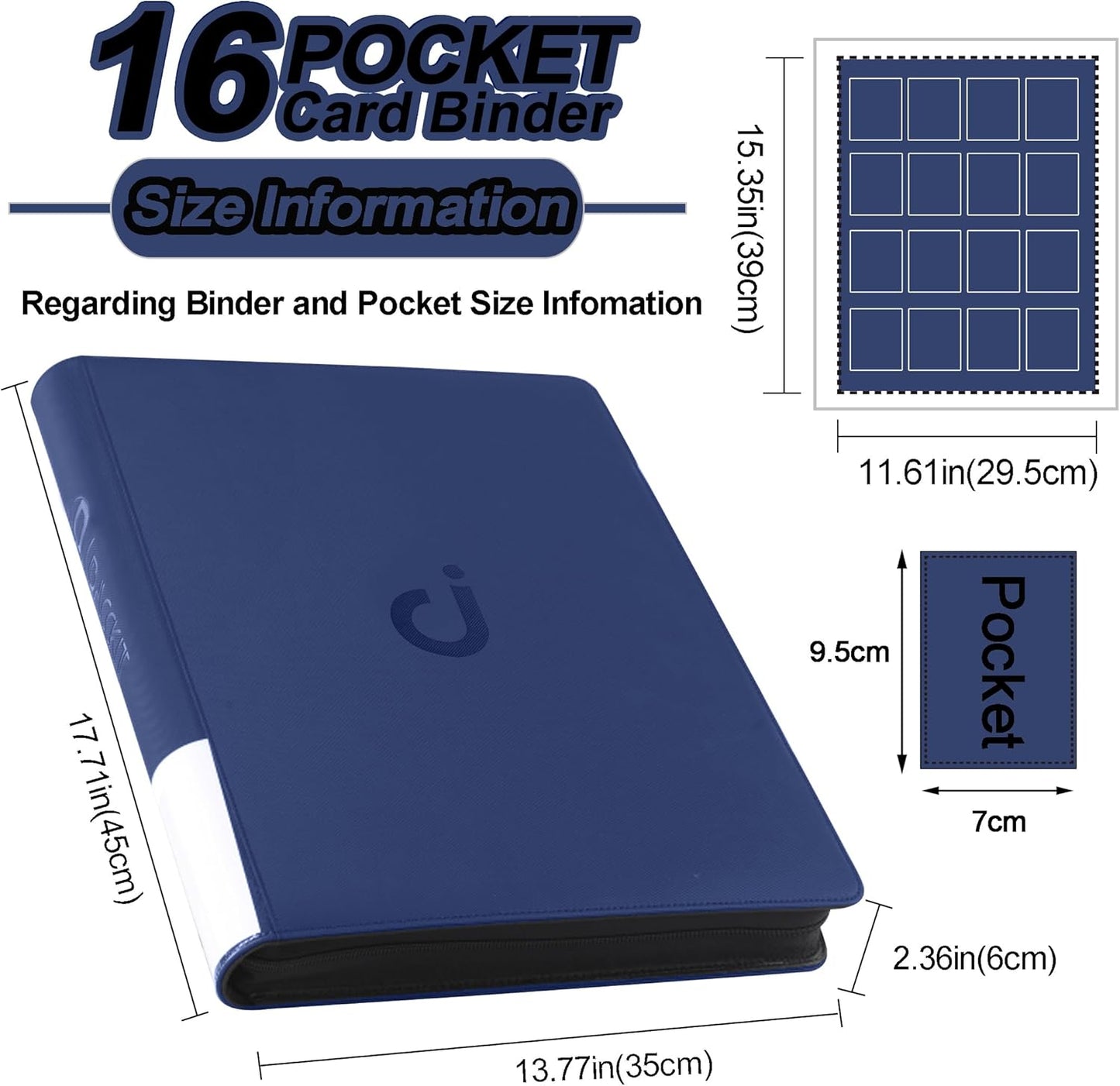 Premium Card Binder 16 Pocket - Fits 1600 Cards，4X4 Ringless Card Album with Sleeves for Trading Cards & Sports Cards（Model C，Classic Navy Blue）