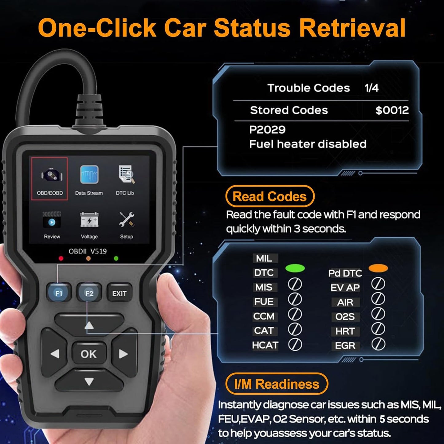 OBD2 Scanner Diagnostic Tool Car Check Engine Code Reader with Reset Professional OBD II/EOBD, Live Data, Mode 6, Mode 8 & I/M Readiness Odb2 Auto Scan Tool for All Vehicles After 1996, 2025 Upgraded