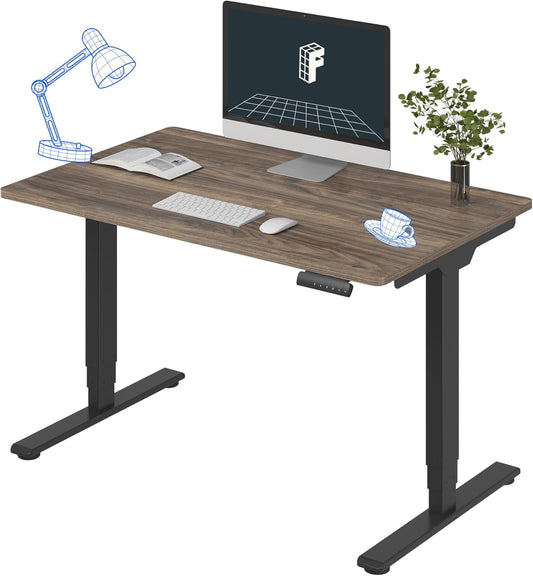 FLEXISPOT E6 Essential 3 Stages Dual Motor Electric Standing Desk 48x30 Inch Whole-Piece Board Height Adjustable Electric Sit Stand Desk(Black Frame + Brown Wood Grain Desktop, 2 Packages)