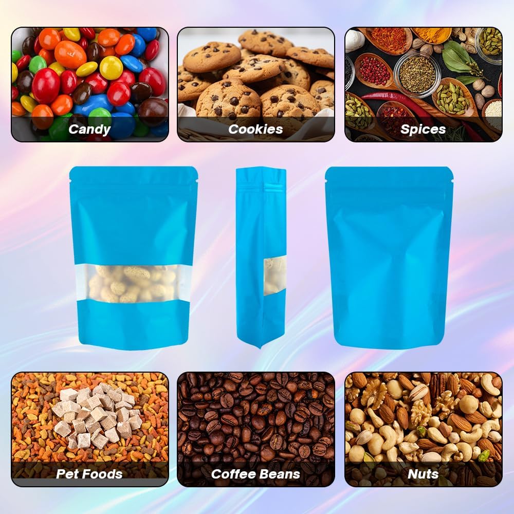 4CP 100 Pcs Blue Zipper Smell Proof Bags with Window, 4.7x7.9 Inch Stand Up Foil Pouches for Food Selfsealing Storage, Reusable Bag for Packaging Small Business, Cookies, Nunt, Candy
