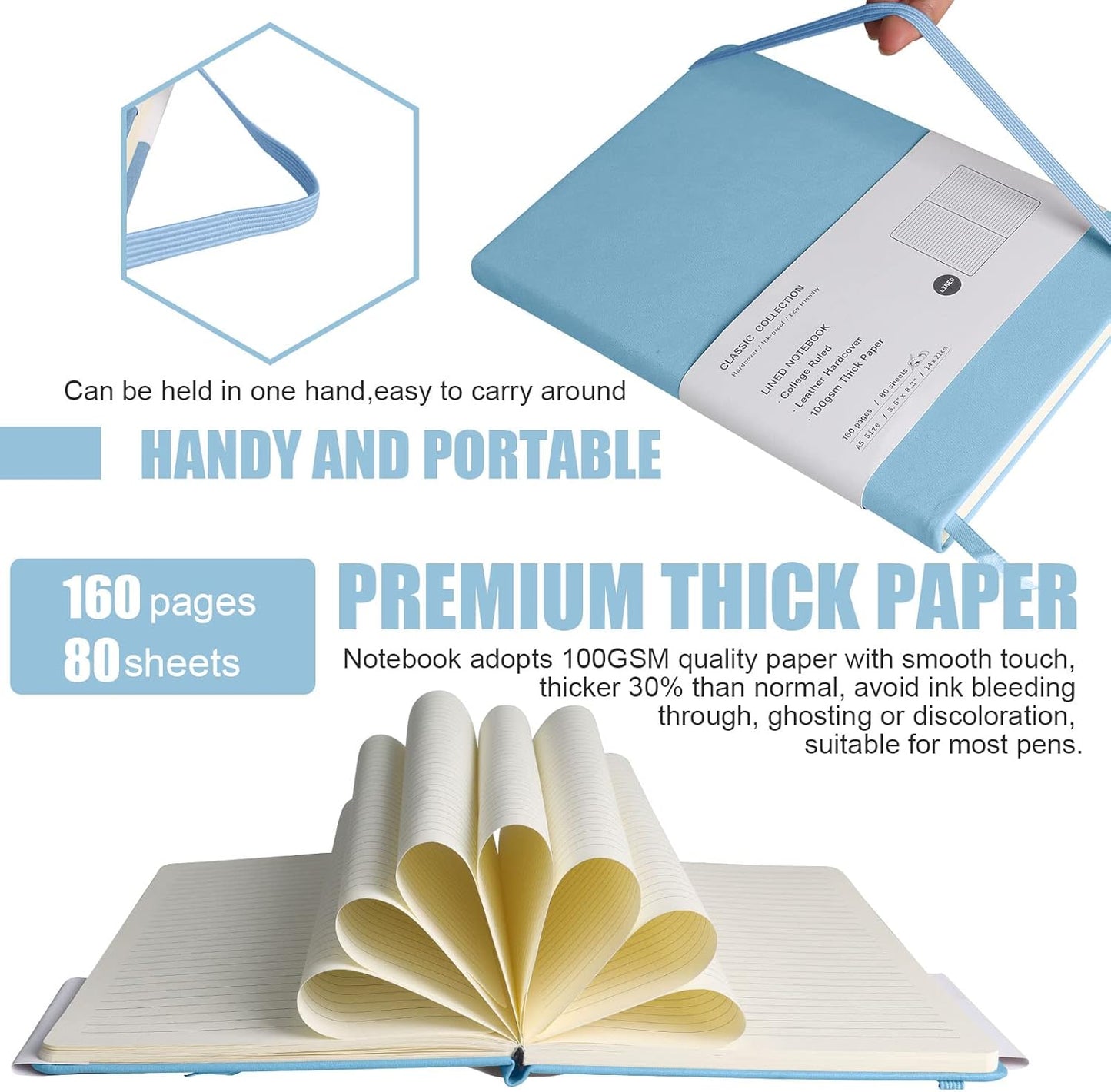 Lined Journal Notebook, 6Pack(sky blue), 160 Pages, Medium 5.7 inches x 8 inches - 100 gsm Thick Paper, Hardcover