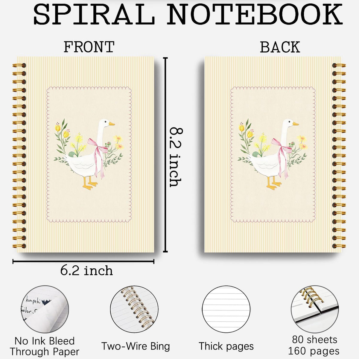 Guymn Coquette Pink Bow Floral Goose Notebook, Butter Yellow Cute Goose Journal for Kids Girls, Geese Animal Lover Gifts Hardcover Spiral Notebooks Journals 5.5x8.3 Inch
