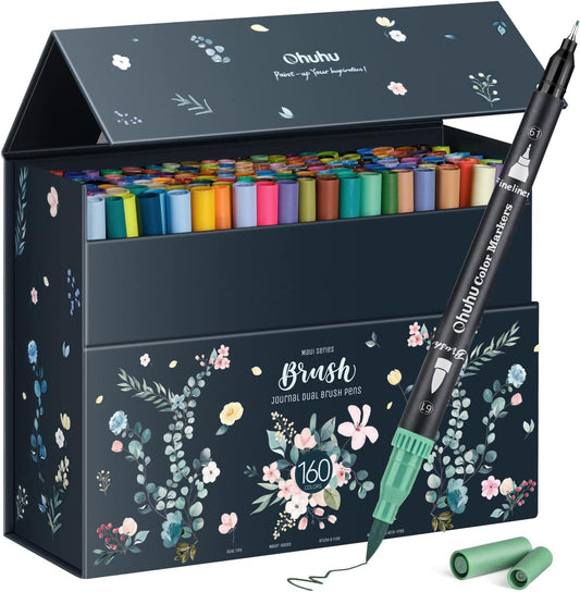 Ohuhu Markers for Adult Coloring Books No Bleeding 160 Colors Coloring Markers Water-based Dual Tips Fineliner & Brush Drawing Pens Art Pens for Kids Adults Sketch Journal - Maui - Black