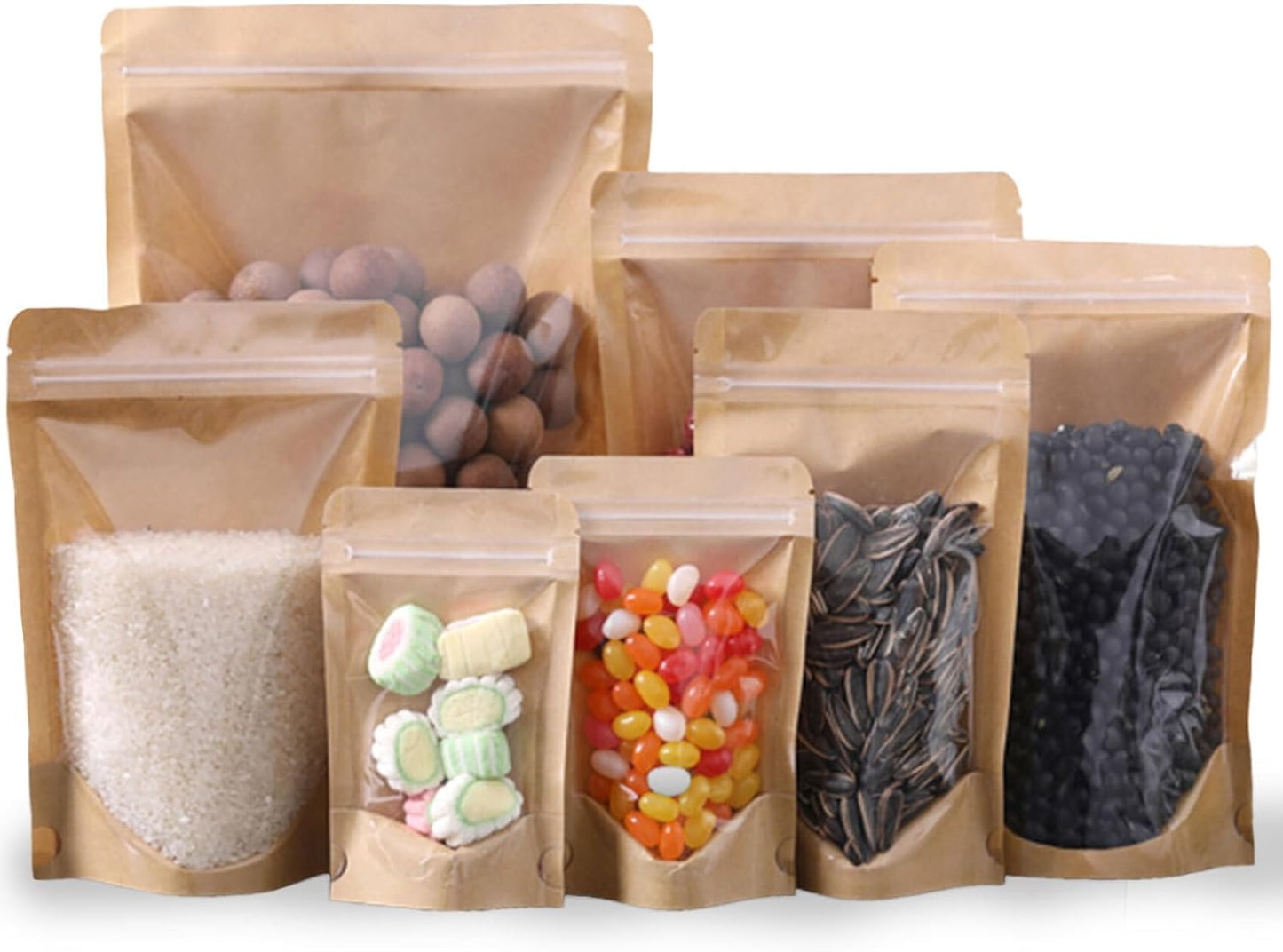 50pcs Kraft Bags With Window Clear Fornt Pouches Resealable Stand Up Zip Lock Food Storage Bags Brown 8"x12"
