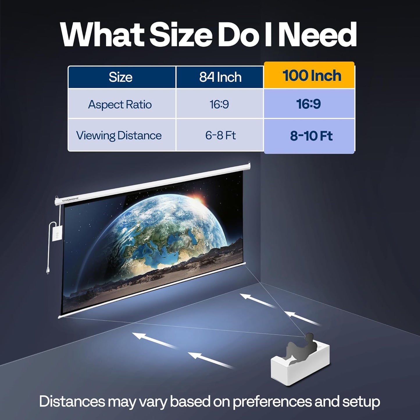 VIVOHOME Motorized Projector Screen with Remote, 16:9 100 Inch Auto Electric Projection Screen, HD 4K Movie Screen for Home Theater, Cinema, Office (87 x 49 White)