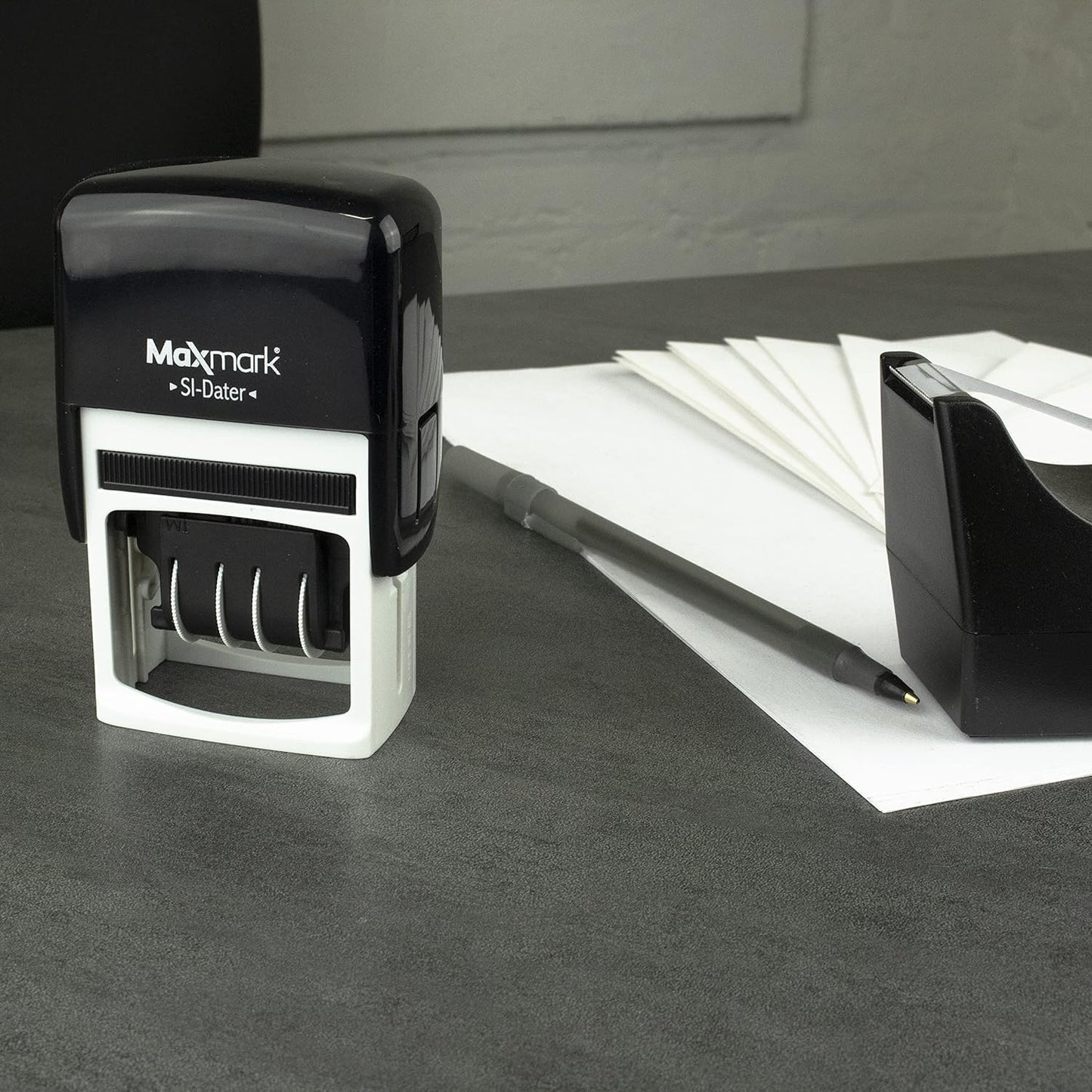 MaxMark Office Date Self Inking Stamp with 2-Line Custom Text - 1" x 1-5/8” - 2-Color Blue/Red Ink