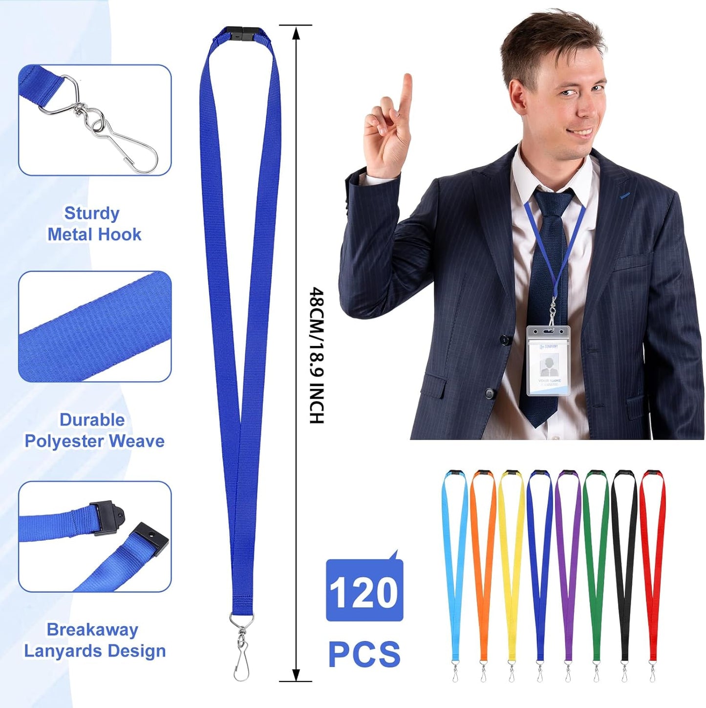 Prudiut 120 Pcs Breakaway Lanyard for Id Badges, 8 Color Breakaway Lanyards Break Away Lanyard with Swivel J Hook Lanyards Break Away for Id Badges and Keys