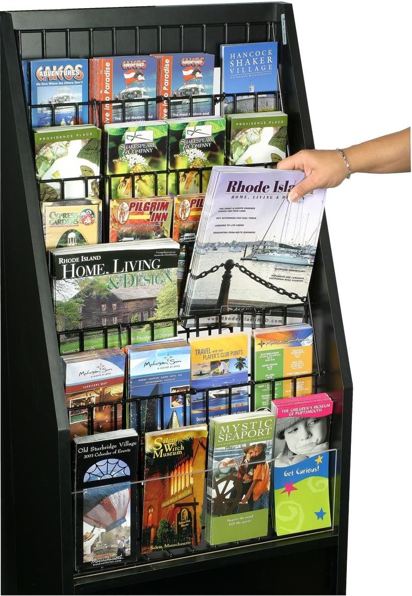 12 or 24-Pocket Literature Rack Brochure Holder Stand for Floor - Black Melamine with Wire Pockets