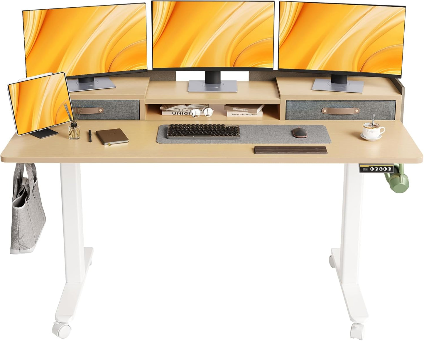 Claiks Standing Desk with Drawers, Adjustable Stand Up Electric Standing Desk Adjustable Height with Storage Shelf and Splice Board, 59 Inch, Natural