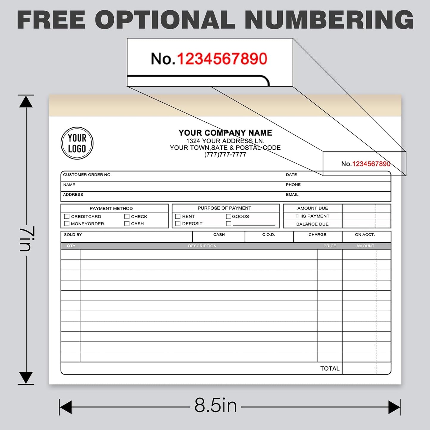 Custom Invoices Receipt Book for Small Business Personalized 2-Part Duplicate Carbonless Logo Receipt Books Sales Payment Forms with Company Name Address Phone Number 100 Sets 8.5" x 7"