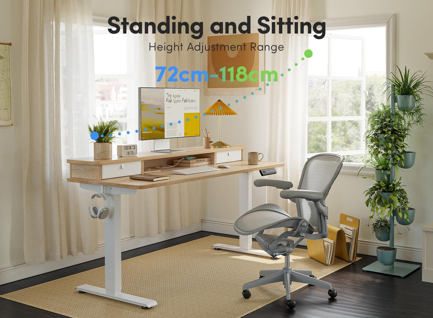 FEZIBO 55 x 24 Inch Height Adjustable Electric Standing Desk with Double Drawer, Computer Desk, Home Office Stand Up Table with 4 Height-Adjustable Feets & 2 Hooks, Maple