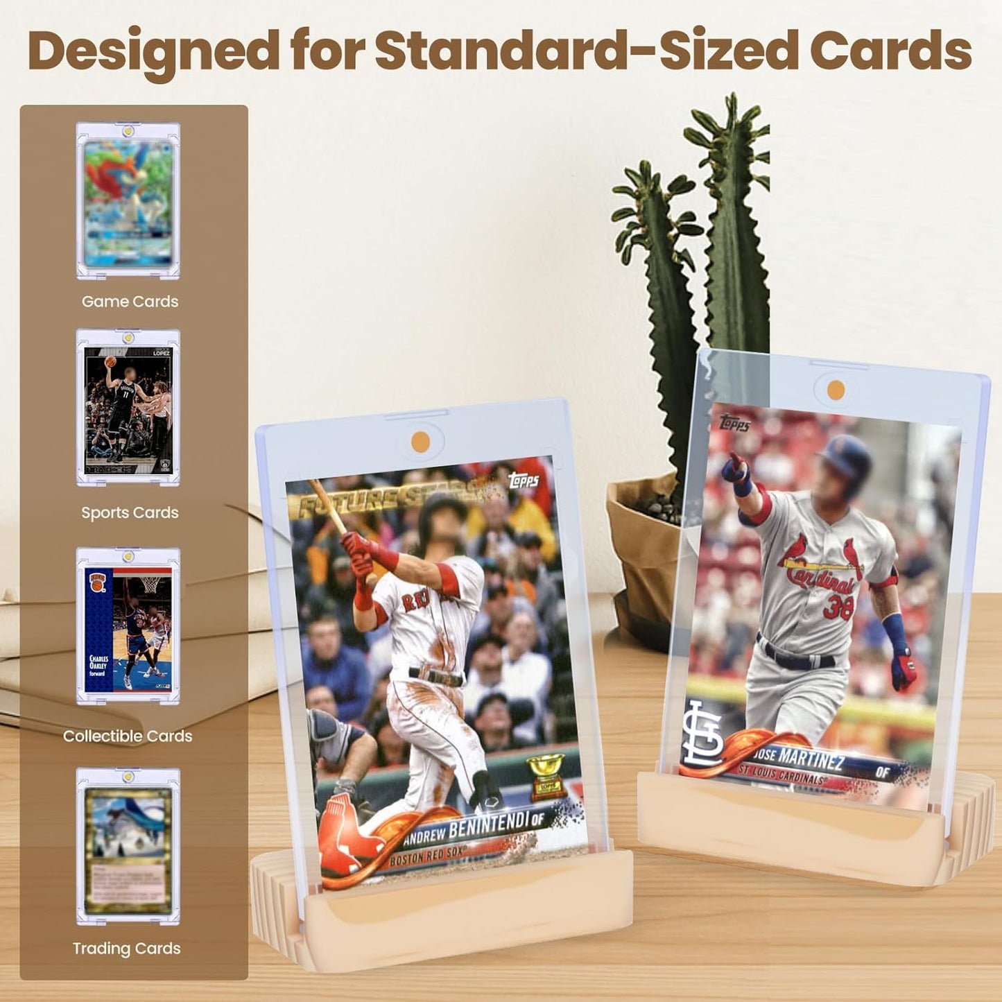3 Pack Magnetic Card Holders for Trading Cards - 35pt Acrylic Hard Baseball Card Protectors with 3 Wooden Stands, Sports Card Case Base for Baseball, Football, MTG and Game Cards Storage and Display