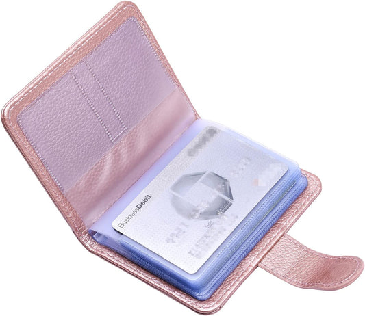 Wisdompro Credit Card Holder, PU Leather Slim RFID Blocking Debit Card Protector Wallet Organizer Case with Magnetic Shut (Build in 20 Card Slot & 7 Small Cells for Memory Cards)-Vertical Rose Gold