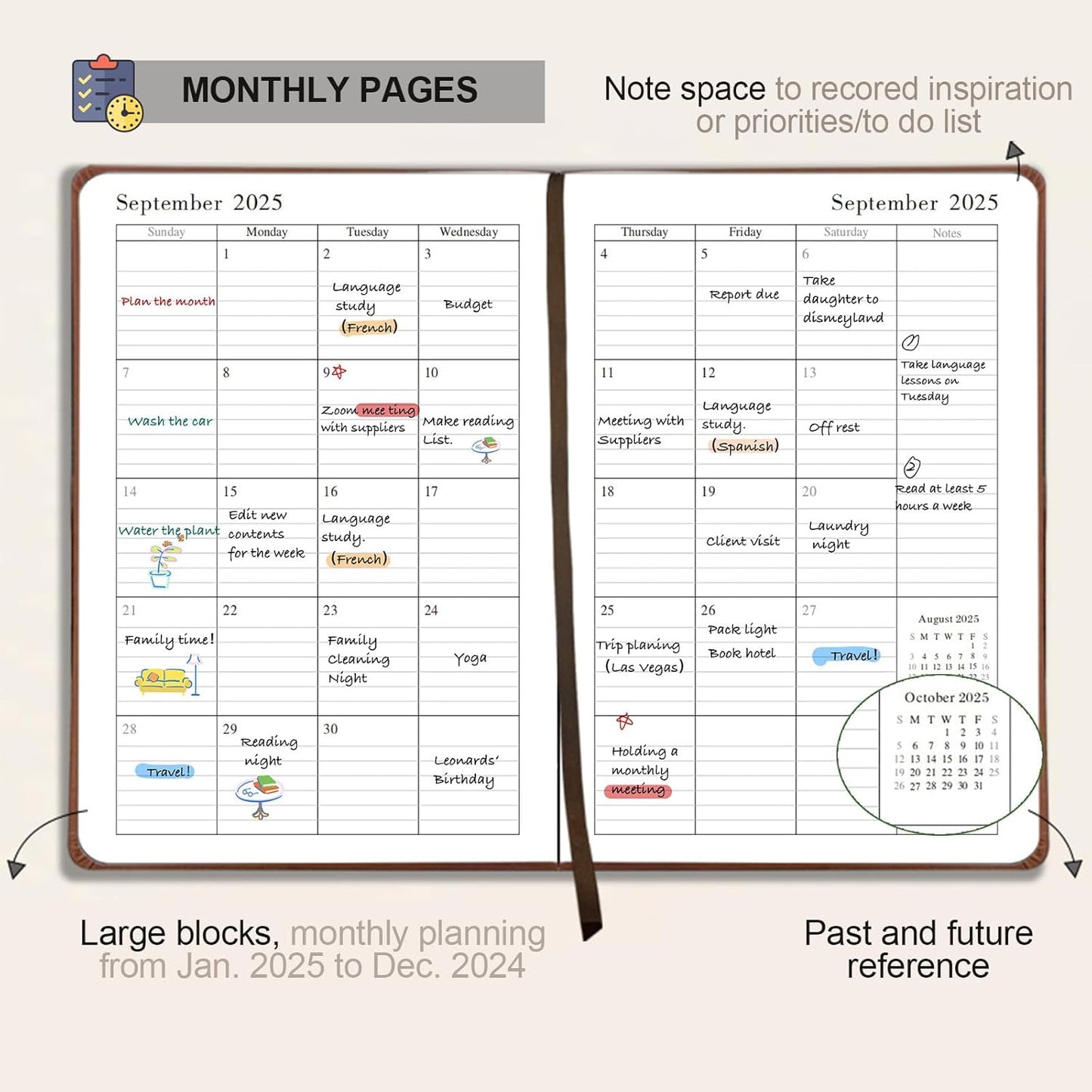 Daily Planner 2025-2026, Academic Planner 2025-2026 Weekly and Monthly Planner, Calendar Book with Hourly Schedule 8.5"x5.8", July 2025 to June 2026, Faux Leather Cover (Grey)