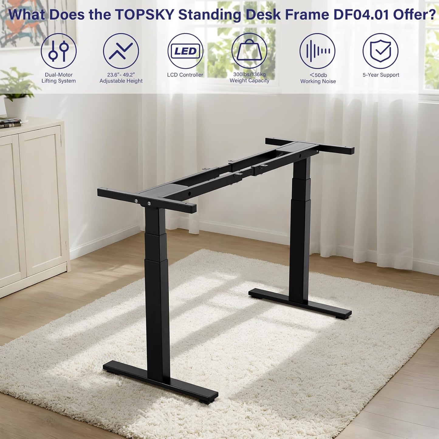 TOPSKY Dual Motor 3 Stage Electric Adjustable Standing Desk Frame for up to 80”x31.5” Table Tops Heavy Duty 300lb Load Capacity for Home Office (White Frame Only)