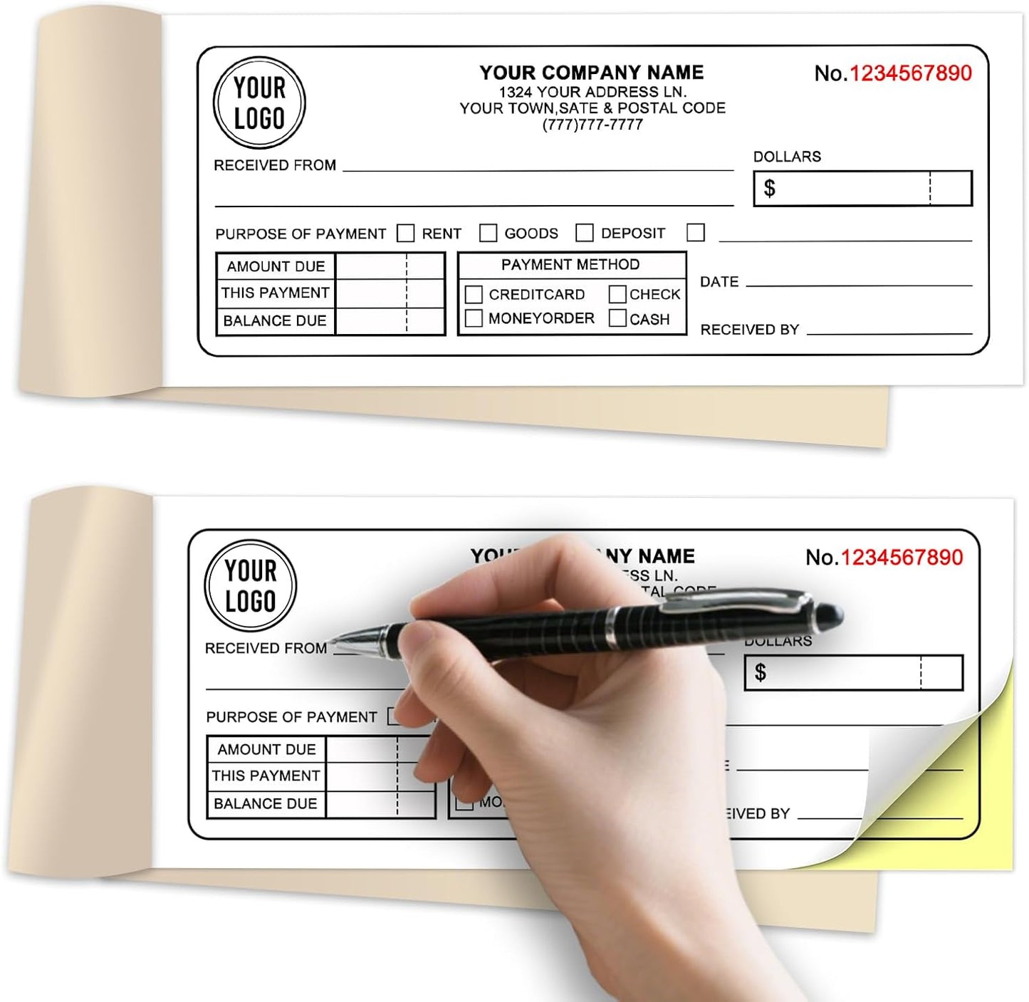 Custom Invoice Receipt Book for Small Business 2.83x7" Personalized 2-Part Contractor Duplicate Carbonless Sales Forms with Company Name Address Phone Number 100 Sets