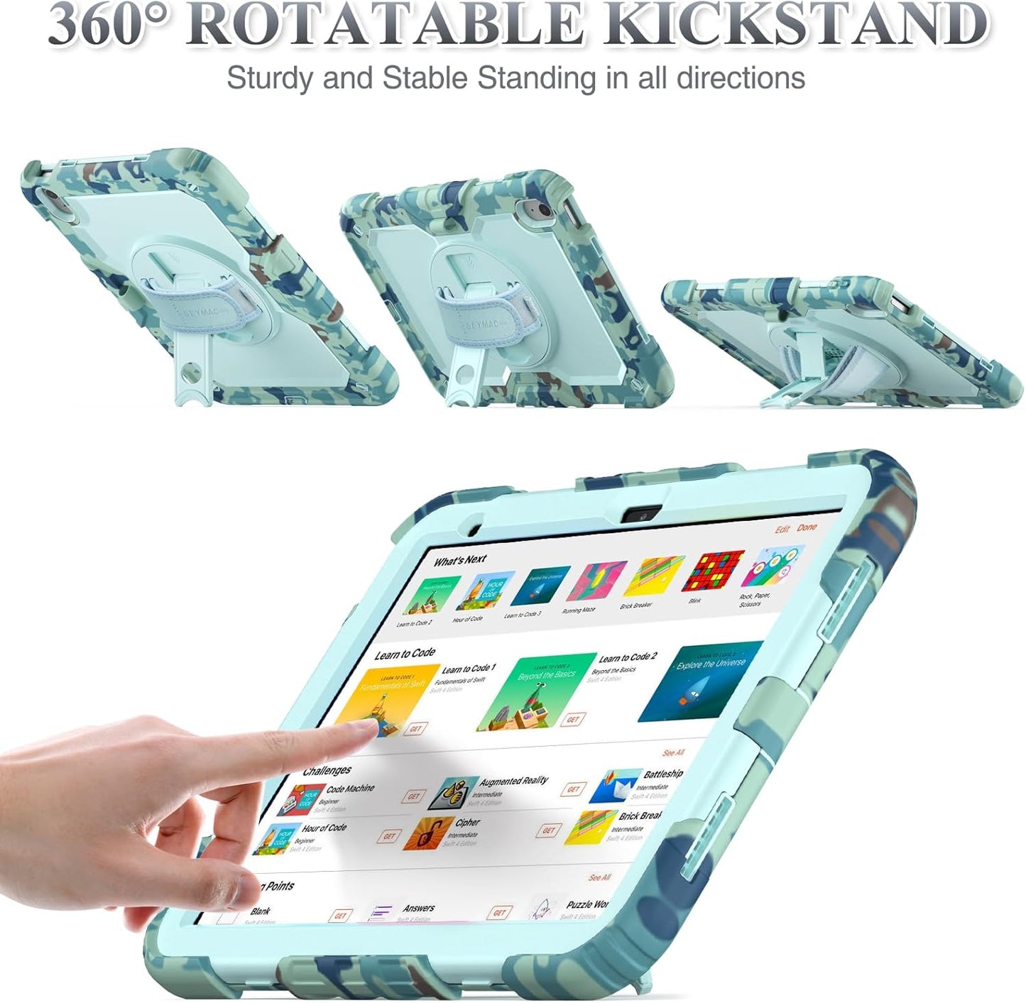 SEYMAC stock Case for iPad (A16) 11th/10th Generation 11''/10.9'' 2025/2022, Full-Body Drop Protection Case with Screen Protector &360° Rotate Hand Strap/Stand, SkyBlue Camo