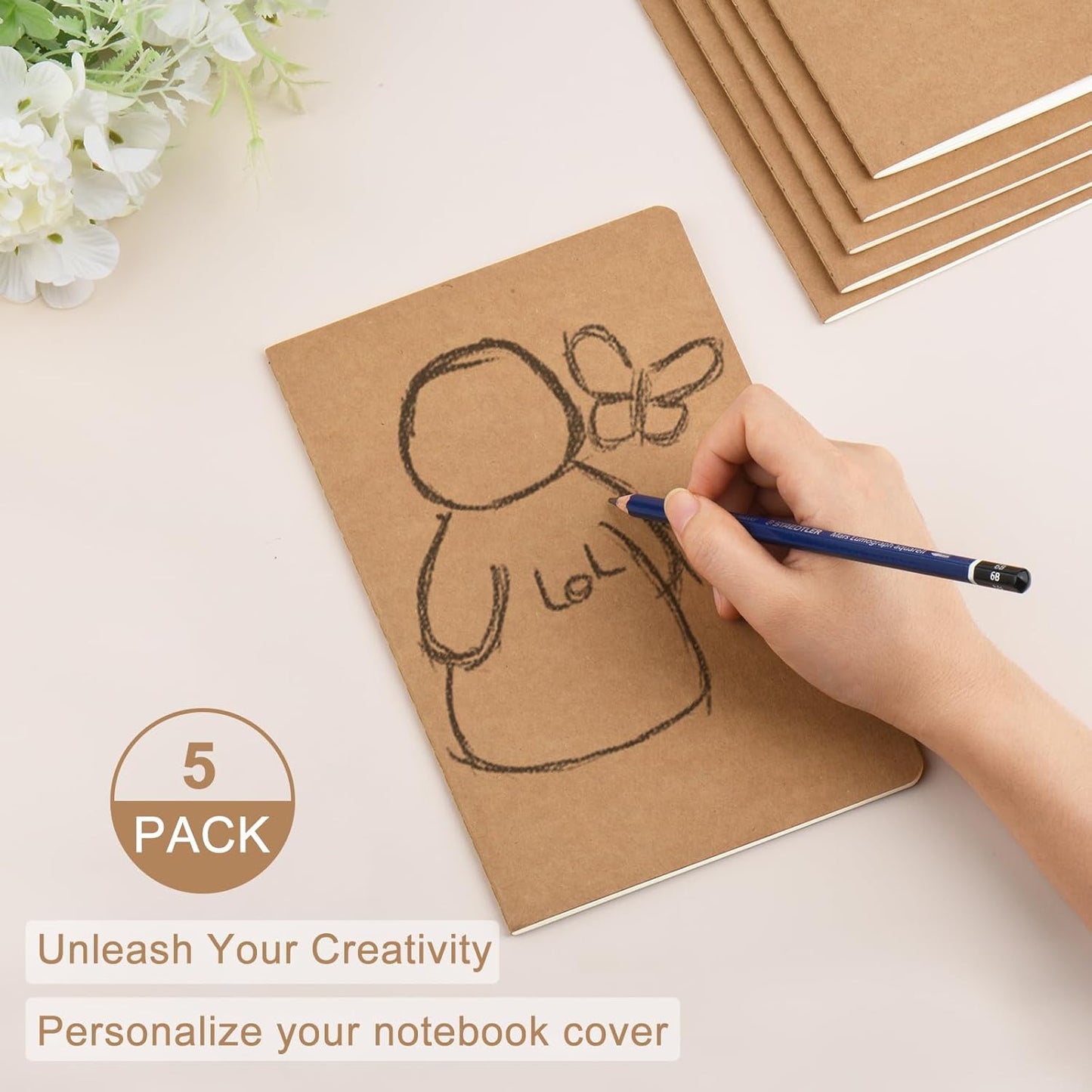 ZCZN 5 Pack A5 Kraft Notebooks Bulk, 8.15x5.5 Inches Blank Journaling Notebooks, Notebooks for Work, Composition Notebooks for School, Journal notebooks for kids, 60 Pages