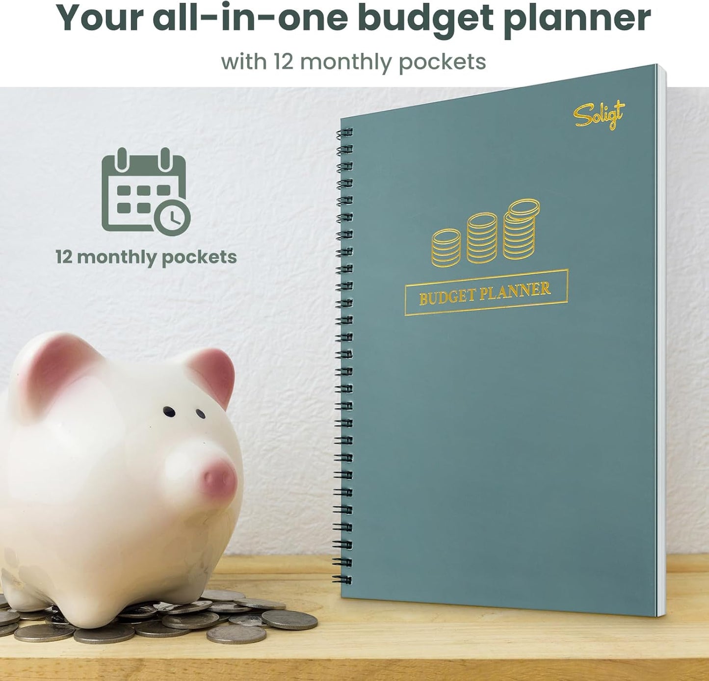 Monthly Budget Planner Book 2025 (Undated) with 12 Pockets for Income, Debt, Saving, Expense and Bill Tracker Organizer, Financial Planner for Men and Women, Dark Green, Spiral Design