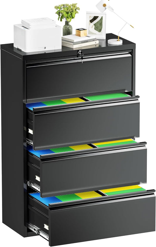 Crownland Lateral File Cabinet with 4 Drawers, 28" W Metal Lockable Office File Cabinets for Home Office- Stores Letter/Legal/A4/F4 Files(Black)